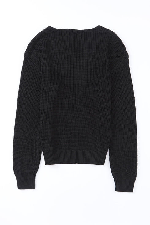 Ribbed Knit Collared V Neck Pullover Sweater
