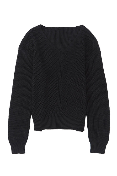 Ribbed Knit Collared V Neck Pullover Sweater