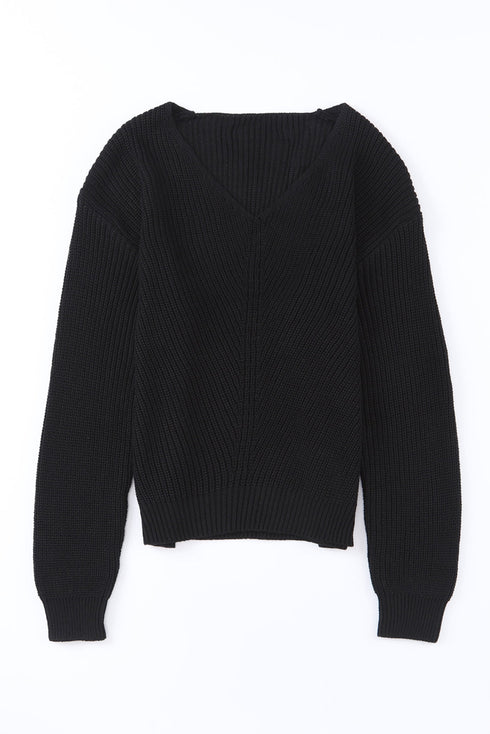 Ribbed Knit Collared V Neck Pullover Sweater