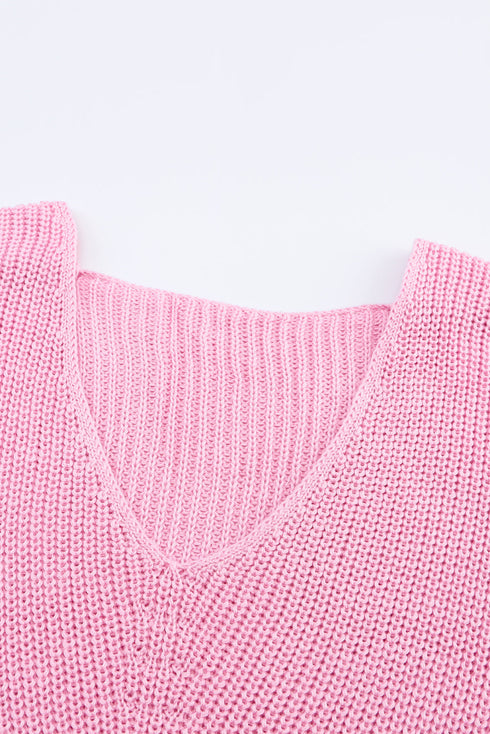Ribbed Knit Collared V Neck Pullover Sweater