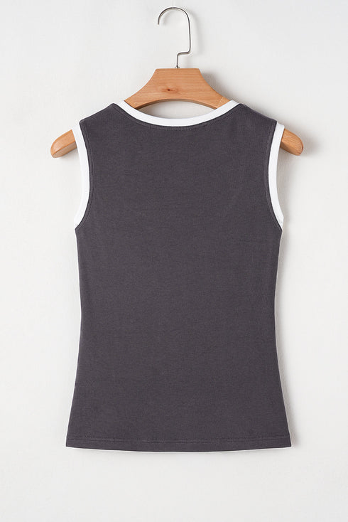Ribbed Knit Colorblock Edge U Neck Slim Fit Tank Top