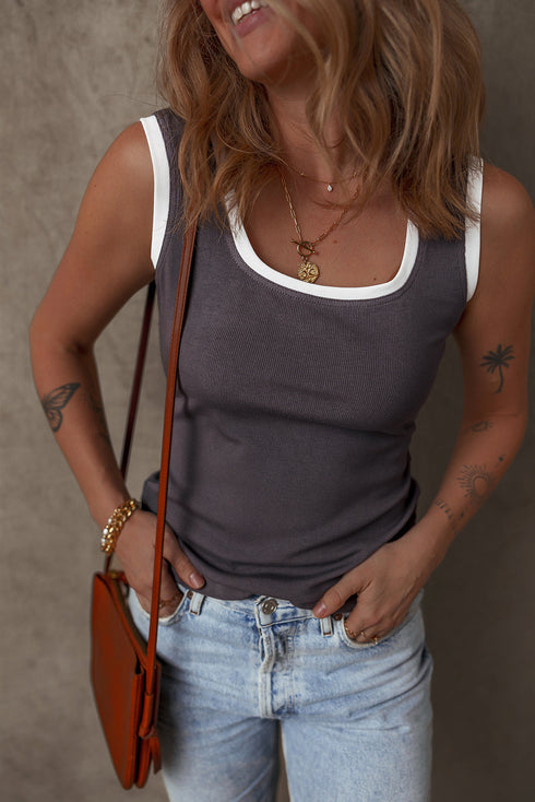 Ribbed Knit Colorblock Edge U Neck Slim Fit Tank Top