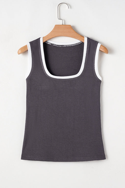 Ribbed Knit Colorblock Edge U Neck Slim Fit Tank Top