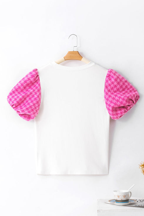 Ribbed Knit Contrast Houndstooth Puff Sleeve Top
