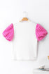 Ribbed Knit Contrast Houndstooth Puff Sleeve Top