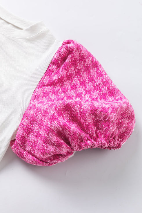 Ribbed Knit Contrast Houndstooth Puff Sleeve Top