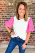 Ribbed Knit Contrast Houndstooth Puff Sleeve Top