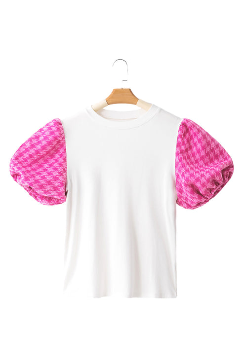 Ribbed Knit Contrast Houndstooth Puff Sleeve Top