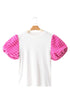 Ribbed Knit Contrast Houndstooth Puff Sleeve Top