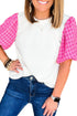 Ribbed Knit Contrast Houndstooth Puff Sleeve Top