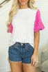 Ribbed Knit Contrast Houndstooth Puff Sleeve Top