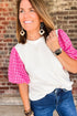 Ribbed Knit Contrast Houndstooth Puff Sleeve Top
