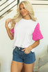 Ribbed Knit Contrast Houndstooth Puff Sleeve Top