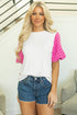 Ribbed Knit Contrast Houndstooth Puff Sleeve Top