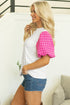 Ribbed Knit Contrast Houndstooth Puff Sleeve Top