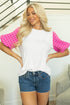 Ribbed Knit Contrast Houndstooth Puff Sleeve Top