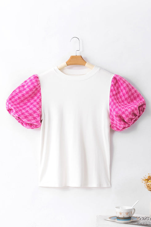 Ribbed Knit Contrast Houndstooth Puff Sleeve Top