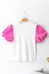 Ribbed Knit Contrast Houndstooth Puff Sleeve Top