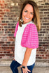 Ribbed Knit Contrast Houndstooth Puff Sleeve Top