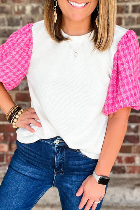 Ribbed Knit Contrast Houndstooth Puff Sleeve Top