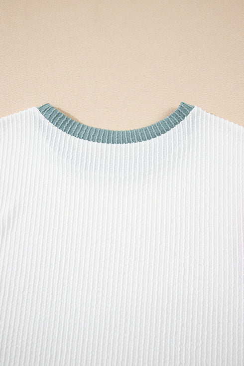 Ribbed Knit Contrast Trim Cap Sleeve Crew Neck Top