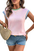 Ribbed Knit Contrast Trim Cap Sleeve Crew Neck Top