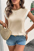 Ribbed Knit Contrast Trim Cap Sleeve Crew Neck Top