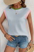 Ribbed Knit Contrast Trim Cap Sleeve Crew Neck Top