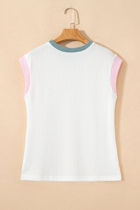 Ribbed Knit Contrast Trim Cap Sleeve Crew Neck Top