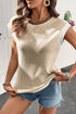 Ribbed Knit Contrast Trim Cap Sleeve Crew Neck Top