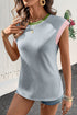 Ribbed Knit Contrast Trim Cap Sleeve Crew Neck Top