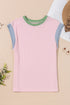 Ribbed Knit Contrast Trim Cap Sleeve Crew Neck Top