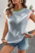 Ribbed Knit Contrast Trim Cap Sleeve Crew Neck Top