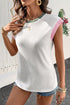 Ribbed Knit Contrast Trim Cap Sleeve Crew Neck Top