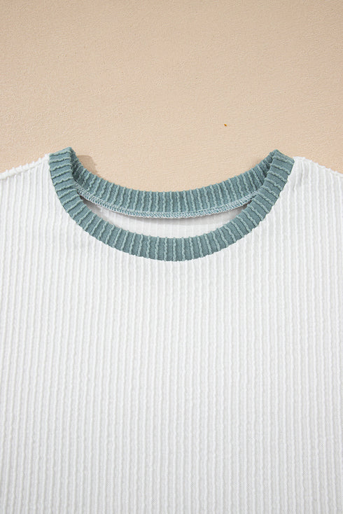 Ribbed Knit Contrast Trim Cap Sleeve Crew Neck Top