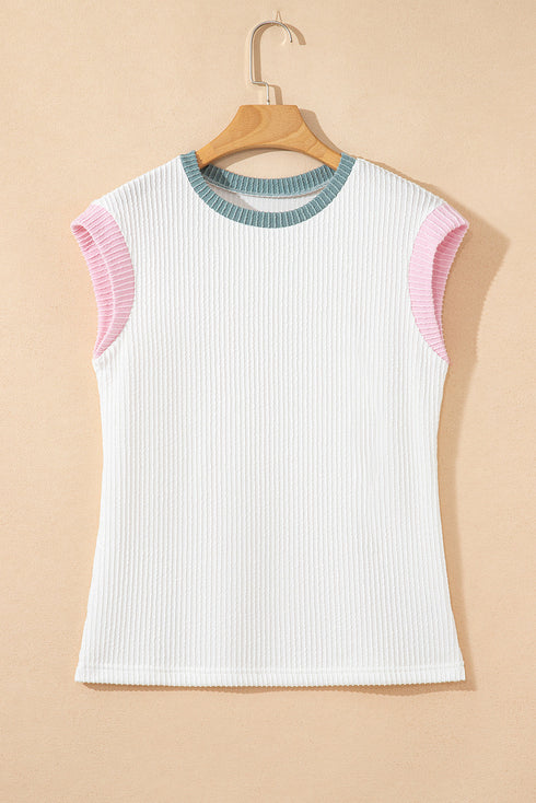 Ribbed Knit Contrast Trim Cap Sleeve Crew Neck Top