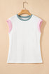 Ribbed Knit Contrast Trim Cap Sleeve Crew Neck Top