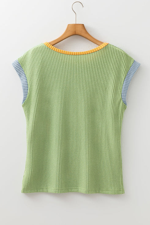 Ribbed Knit Contrast Trim Cap Sleeve Crew Neck Top