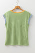 Ribbed Knit Contrast Trim Cap Sleeve Crew Neck Top
