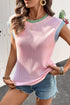 Ribbed Knit Contrast Trim Cap Sleeve Crew Neck Top