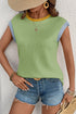 Ribbed Knit Contrast Trim Cap Sleeve Crew Neck Top