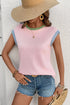Ribbed Knit Contrast Trim Cap Sleeve Crew Neck Top