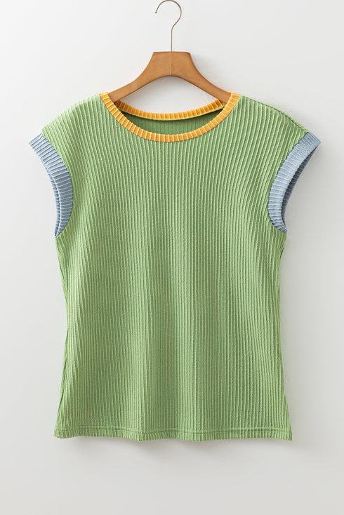 Ribbed Knit Contrast Trim Cap Sleeve Crew Neck Top