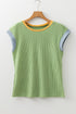 Ribbed Knit Contrast Trim Cap Sleeve Crew Neck Top