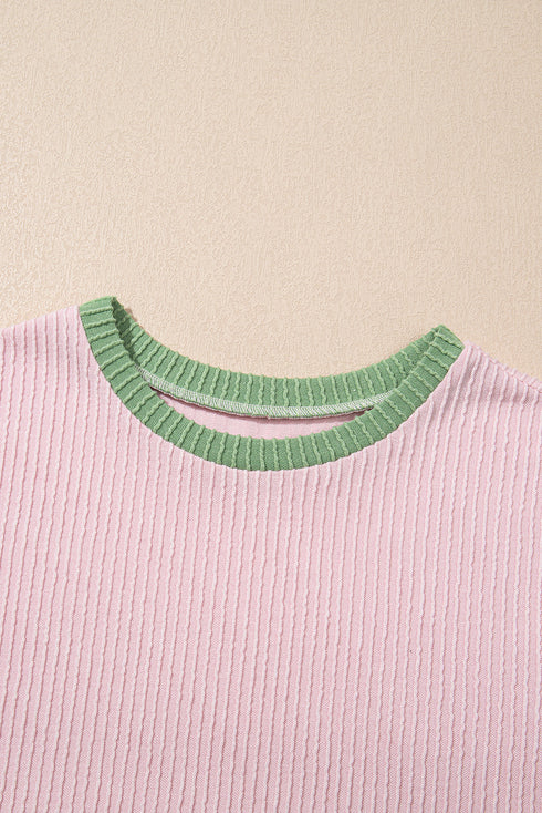 Ribbed Knit Contrast Trim Cap Sleeve Crew Neck Top