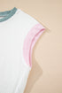 Ribbed Knit Contrast Trim Cap Sleeve Crew Neck Top
