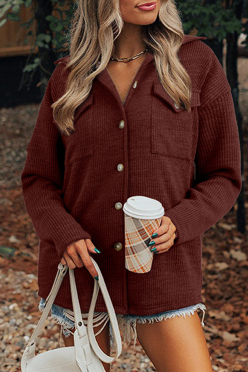 Ribbed Knit Corduroy Button Front Flap Pocket Shacket Jacket