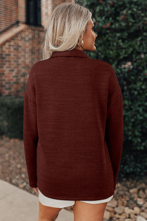 Ribbed Knit Corduroy Button Front Flap Pocket Shacket Jacket