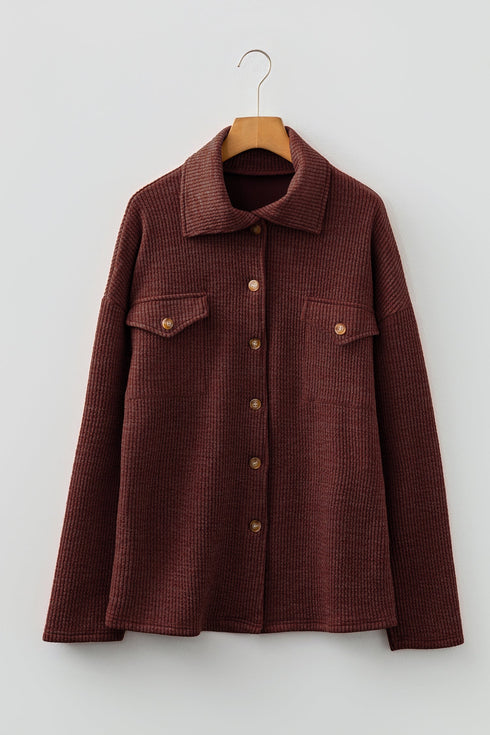 Ribbed Knit Corduroy Button Front Flap Pocket Shacket Jacket