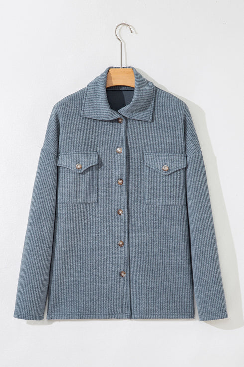 Ribbed Knit Corduroy Button Front Flap Pocket Shacket Jacket